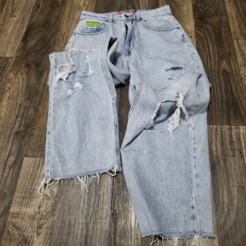 Empyre Jeans Juniors Size 1 Blue Denim Tori Skate Graffiti Y2K 90s Raw hem